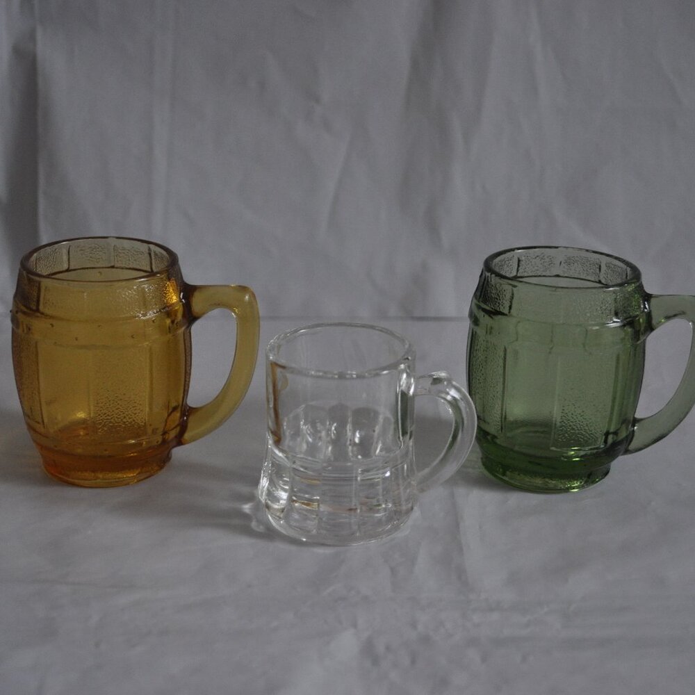 Lot of 3 Vintage Amber Green Clear Glass Barrel Shaped Shots Glasses 2.5" & 2"